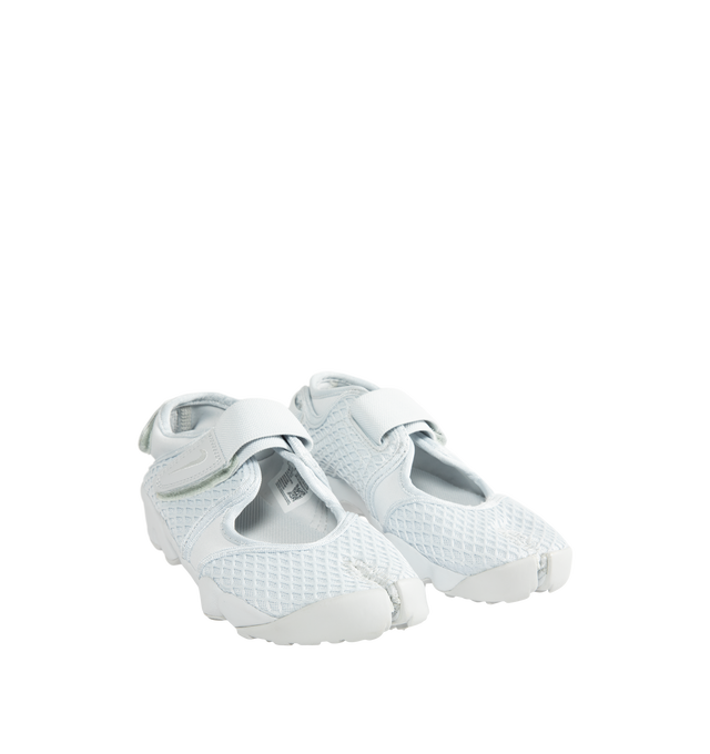 Image 2 of 5 - WHITE - Nike Women's Air Rift Sneaker featuring hook-and-loop straps on the midfoot and heel, Nike Air unit in the heel combined with plush foam, rubber detailing on the outsole, upper features a blend of elastane, polyester and nylon materials for a flexible fit and split toe design.