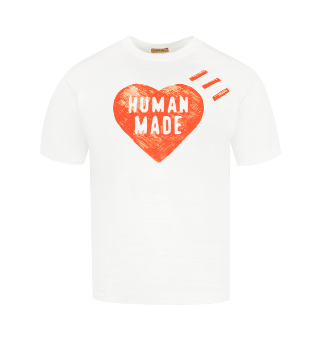 Image 1 of 2 - WHITE - HUMAN MADE Graphic T-shirt #14 featuring crewneck, double binder neck design, short sleeves, rounded body with no seams, graphic logo print at front and back and straight hem. 100% cotton. Made in Japan.