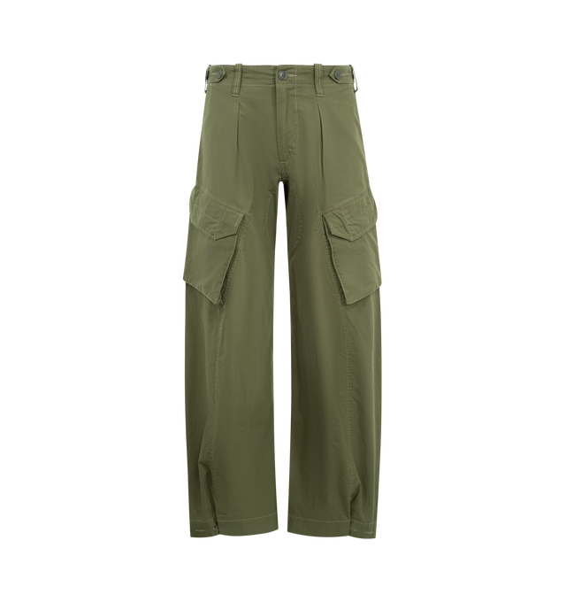 Image 1 of 3 - GREEN - R13 Barrel Cargo Pants featuring mid-weight, non-stretch twill, button closure and zip fly, slant hip pockets, flap front and back pockets. 100% cotton.
