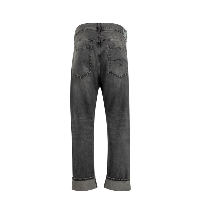 Image 2 of 3 - BLACK - R13 Crossover Jeans featuring fading, whiskering, and distressing throughout, belt loops, five-pocket styling, offset button-fly, raw edge at rolled cuffs and logo patch at back waistband. 100% cotton. Made in Italy.