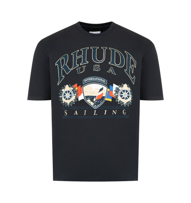Image 1 of 2 - BLACK - RHUDE USA Sailing Icon T-Shirt featuring regular fit, graphic on front, crewneck, short sleeves and dropped shoulders. 100% cotton.