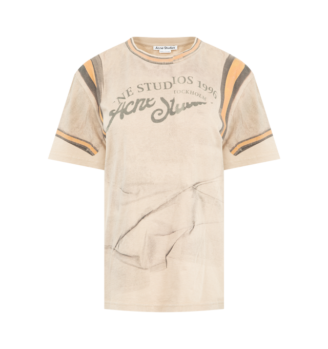 Image 1 of 2 - BROWN - ACNE STUDIOS Graphic T-Shirt featuring regular fit, short sleeves, crewneck, textured surface, Trompe-lil wrinkled shirt print and Acne Studios logo. 100% cotton.