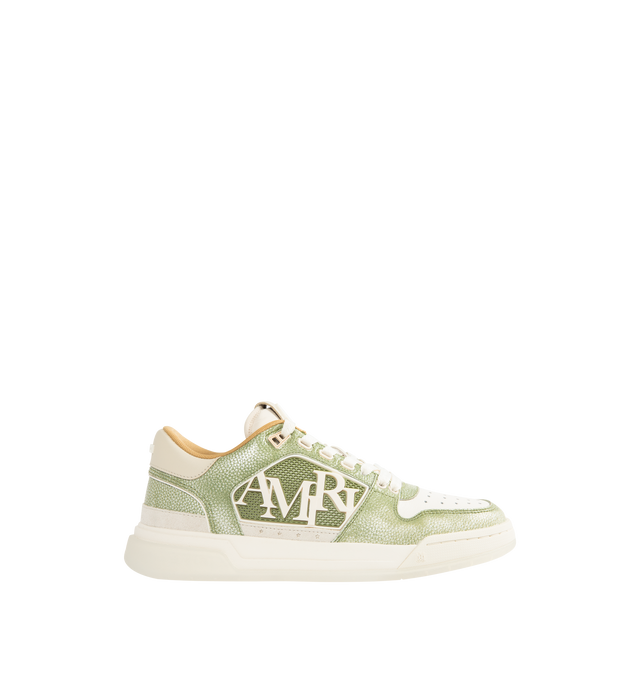 Image 1 of 5 - GREEN - AMIRI Pebbled Classic Low Sneakers featuring low-top buffed and pebble-grained leather sneakers, perforations at vamp and sides, lace-up closure, logo patch at padded tongue, padded collar, rubberized mesh trim at sides, logo bonded at sides and heel collar, mesh lining and treaded rubber sole. Upper: leather, rubber. Sole: rubber.