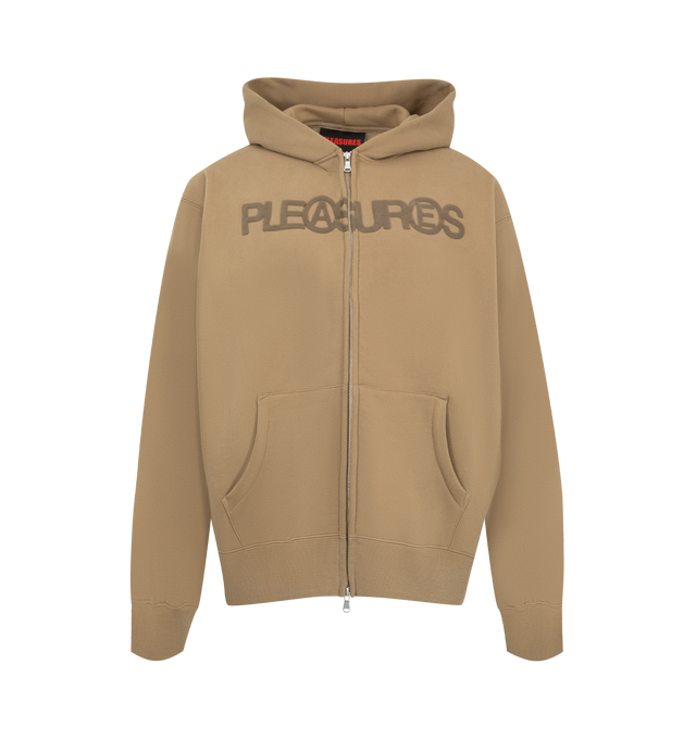 Image 1 of 2 - NEUTRAL - Pleasures Mens Zip-Up Hoodie is crafted from heavyweight fleece. Features a full zip-front closure, adjustable hood, ribbed cuffs and hem, and printed logo detailing. Main Material: 73% Cotton, 27% Polyester. Made in China