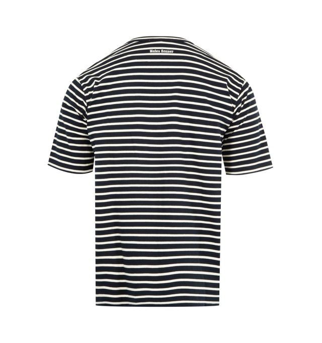 Image 2 of 2 - NAVY - WALES BONNER Crown T-Shirt featuring round neck, irregular stripe pattern and short sleeves. 100% organic cotton. Made in Portugal.