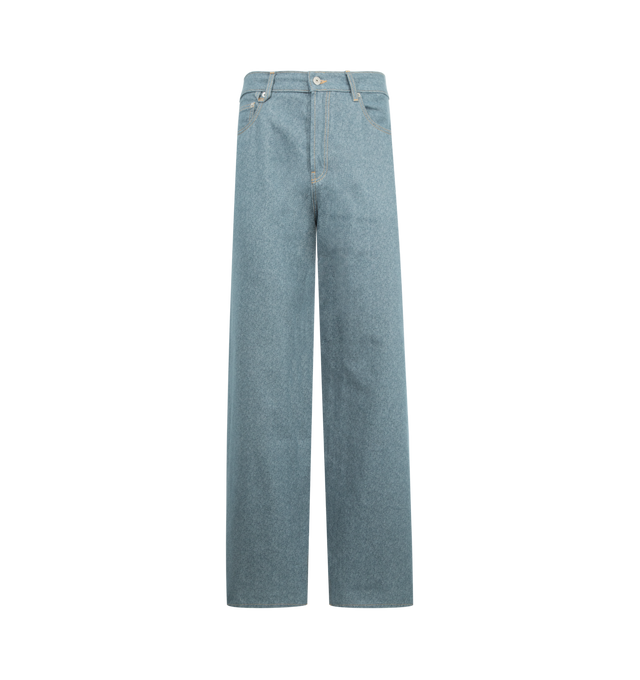 Image 1 of 3 - BLUE - JACQUEMUS Le De-Nimes Droit Straight-Leg Denim Jeans featuring button and button-fly fastening at front, straight leg, structured waistband, belt loops, classic five pockets, brand embroidered text at back and topstitch detailing. 100% cotton.