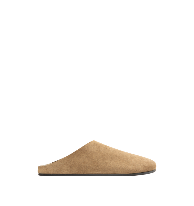 Image 1 of 4 - BROWN - THE ROW Hudson Slide in Suede featuring relaxed slip-on shoe in natural suede with round toe, contoured footbed, and rubber sole. 100% calfskin leather. Rubber sole. Made in Italy.