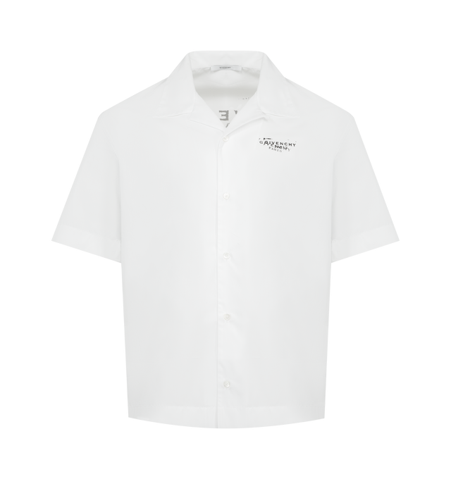 Image 1 of 2 - WHITE - GIVENCHY Bowling Shirt featuring short-sleeved shirt in cotton poplin, hawaiian collar, small GIVENCHY Stamp printed on the chest, GIVENCHY Stamp printed on the back and button closure. 100% cotton. Made in Portugal.