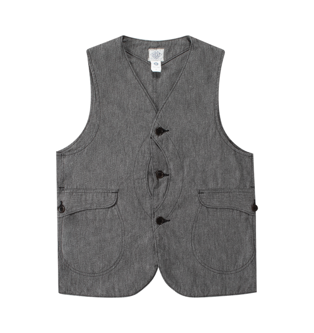 Image 1 of 1 - GREY - POST O'ALLS Royal Traveler Vest featuring v neck, sleeveless, button front closure and flap pockets with button. Made in Japan.
