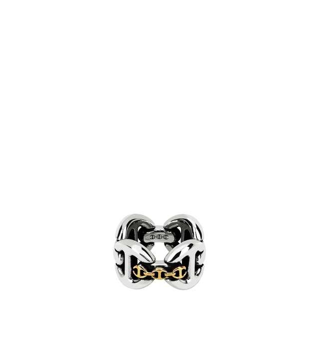 Image 1 of 2 - SILVER - Hoorsenbuhs Affix Quad Tri-Link Ring featuring a sterling silver quad band topped with the brands iconic 18K yellow gold Tri-Link. For personal consultation and detailed information about jewelry, please contact our dedicated stylist team at personalshopping@hirshleifers.com.This item may be restricted for online purchase to international clients. For assistance purchasing this item please contact our dedicated stylist team at personalshopping@hirshleifers.com.