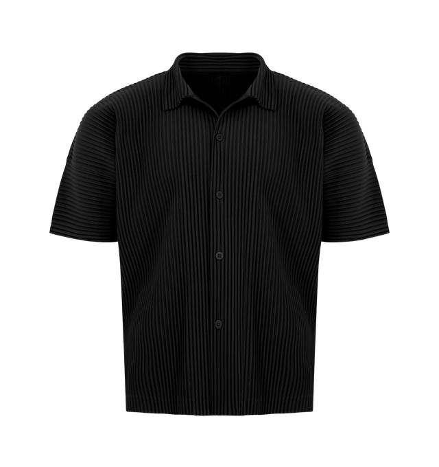 Image 1 of 2 - BLACK - ISSEY MIYAKE Polo featuring polo collar, short sleeves and pleats throughout. 100% polyester.