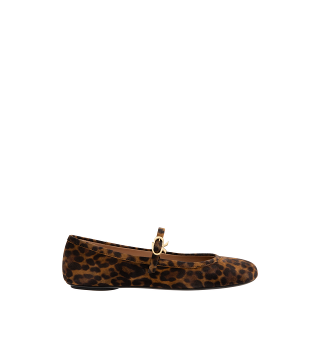 Image 1 of 5 - BROWN - Gianvito Rossi Carla ballerina flat crafted from supple leopard-printed suede, featuring a round toe and a rubber sole. The iconic Ribbon buckle enriches the front Mary Jane strap. Handmade in Italy. 100% SUEDE. Heel height: 0.2 inches / 5 mm.