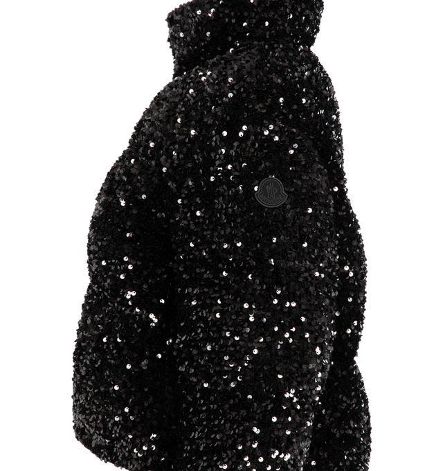 Image 3 of 3 - BLACK - MONCLER Louvi Sequin-Embroidered Short Down Jacket featuring longue saison lining, collar, back and sleeves in mini canvas, down-filled, zipper closure, zipped pockets, hem with drawstring fastening and logo patch. 100% polyester. Lining: 100% polyamide/nylon. Padding: 90% down, 10% feather.