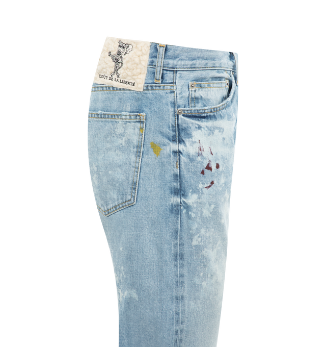 Image 3 of 3 - BLUE - COUT DE LA LIBERTE Bobby Japanese Shuttle Selvage Denim Relaxed Jeans featuring button front closure, 5 pocket styling, distressing throughout and cuffed hem. 98% cotton, 2% elastane. Made in USA. 