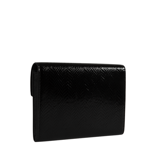 Image 2 of 3 - BLACK - SAINT LAURENT Cassandre Flap Pouch featuring snake-embossed leather exterior with twill lining, flap top with snap button closure and silver-tone cassandre hardware at front, one main compartment and interior slip pocket. 8.25" W x 6" H x 0.75" D. Leather. Made in Italy. 