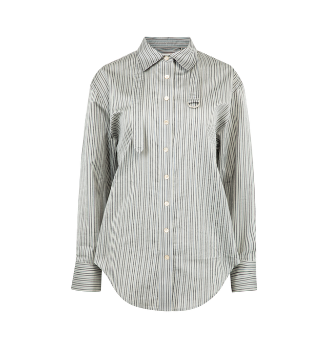Image 1 of 2 - GREY - ISABEL MARANT Aurora Shirt featuring striped cotton poplin and silk shirt, shirt collar with tab and ring, long sleeves with straight buttoned cuffs, buttoned front, inverted rear pleat with adjustable string, rounded hem and oversized fit. 81% cotton, 19% silk.