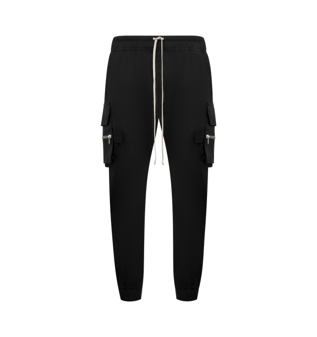 Image 1 of 3 - BLACK - RICK OWENS Mastodon Cargo Pants featuring slim-fit, drawstring at elasticized waistband, four-pocket styling, button fly, rib-knit cuffs and cargo and zip pockets at outseams. Made in Italy.