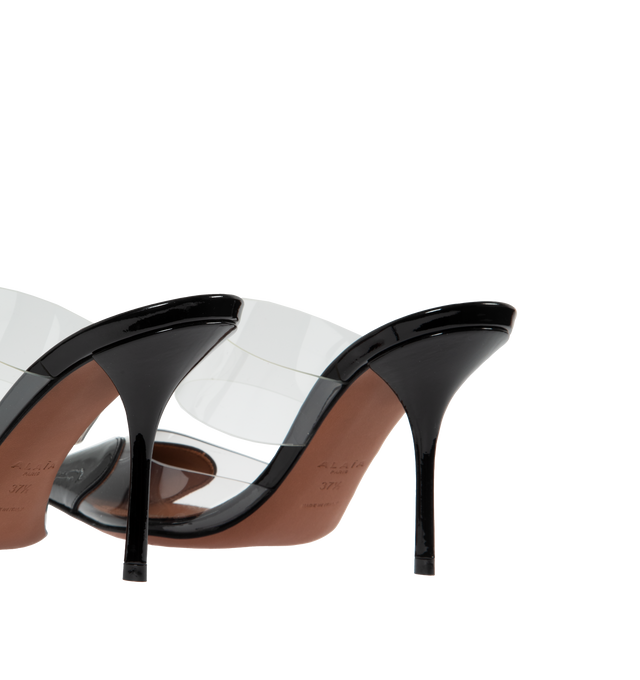 Image 2 of 4 - BLACK - ALAIA HEART MULES IN PATENT CALFSKIN with 90mm heel, featuring heart cut at the front of the shoe. 60% calfskin, 40% polyurethan with 100% lambskin lining and calfskin sole. Made in Italy.