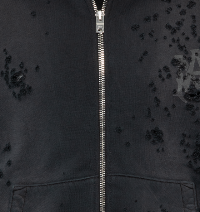 Image 3 of 4 - BLACK - AMIRI MA Logo Shotgun Zip Hoodie featuring double zip front closure, ribbed hem and cuff, distressing throughout and logo on front and back. 100% cotton. 