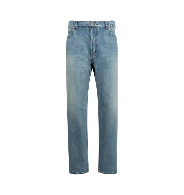 Image 1 of 5 - BLUE - SAINT LAURENT Mick Long Jeans featuring mid-rise, five-pocket style, a long straight leg and button fly. 100% cotton.