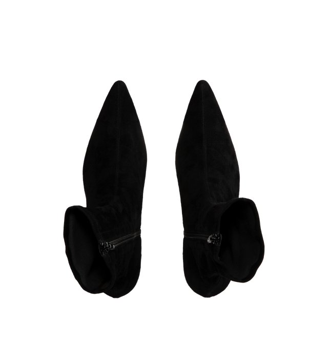 Image 4 of 4 - BLACK - The Row Women's Liisa Kitten Booties are crafted from soft lambskin suede and feature a pointed toe, side zip closure, and a refined kitten heel for an elegant, minimalist silhouette. These designer suede ankle boots combine exceptional Italian craftsmanship with timeless sophistication, making them a versatile choice for effortless day-to-evening styling. Main Material: 100% Lambskin Suede. Sole: Leather. Heel Height: 1.38 in. Made in Italy.
