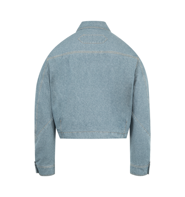 Image 2 of 3 - BLUE - JACQUEMUS Zipped Denim Jacket featuring boxy fit, washed cotton denim, pointed collar, contrast bartacks, zipped closure with long puller, laser-printed logo on the chest, long sleeves, large welt pockets, contrast horn buttoned cuffs, embroidered patch on the back and back yoke. Cotton. Made in Italy.