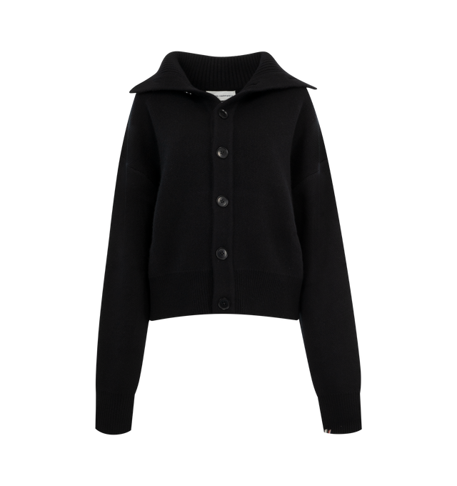 Image 1 of 2 - BLACK - EXTREME CASHMERE Clement Sweater featuring two side pockets, button closure, rib-knitted high collar, bomber fit and dropped shoulders. 100% cashmere.