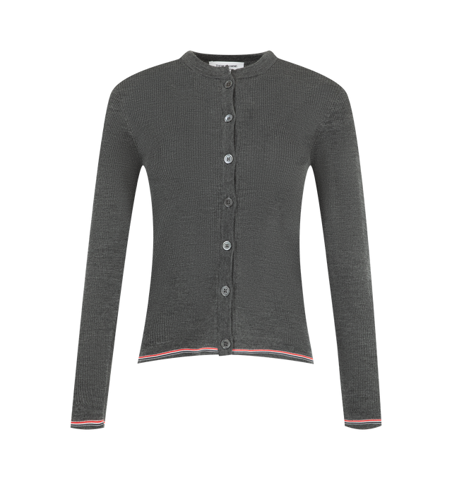 Image 1 of 2 - GREY - Thom Browne Womens Fine Merino Wool Cardigan is crafted from fine-gauge merino wool and features a front button closure, finely ribbed neckline and placket, rib-knit cuffs and hem with signature RWB tipping, and the signature striped grosgrain loop tab. This designer wool cardigan combines lightweight knit construction with a timeless button-front silhouette for elevated everyday layering. Main Material: 100% Wool. Made in Italy.