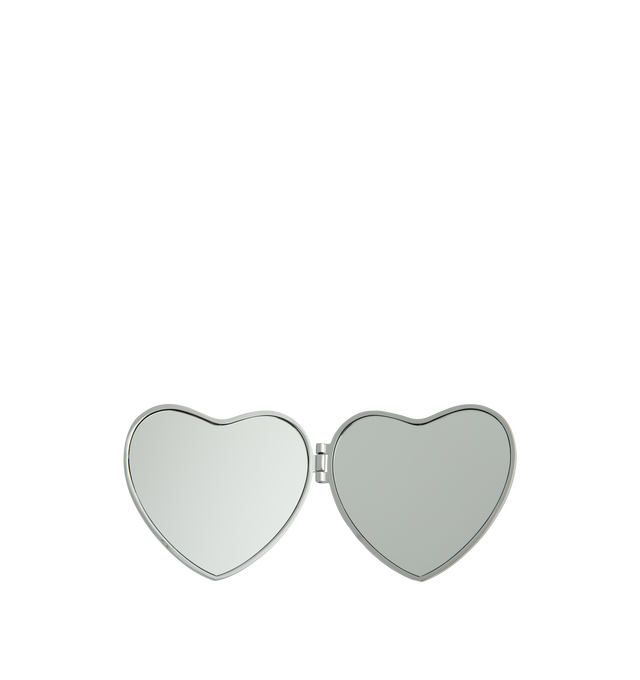 Image 2 of 2 - SILVER - Carhartt WIP Heart Pocket Mirror is crafted from lightweight zinc alloy and features a chrome-finished foldable design with a standard mirror on one side and a magnifying mirror on the other. Embossed lettering appears on the exterior, while a wax-coated canvas pouch with a heart label and branded snap closure provides storage and protection. Main Material: Zinc Alloy. Dimensions: 7 x 6.5 cm / 2.8 x 2.6 in.