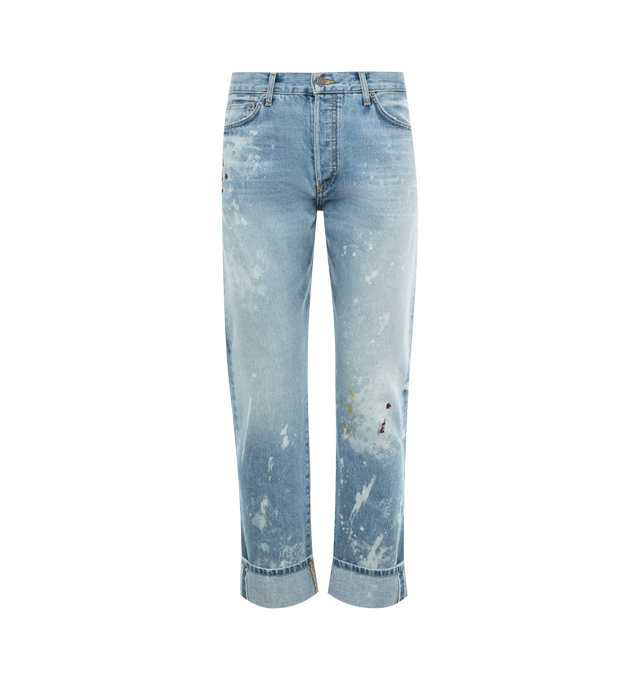 Image 1 of 3 - BLUE - COUT DE LA LIBERTE Bobby Japanese Shuttle Selvage Denim Relaxed Jeans featuring button front closure, 5 pocket styling, distressing throughout and cuffed hem. 98% cotton, 2% elastane. Made in USA. 