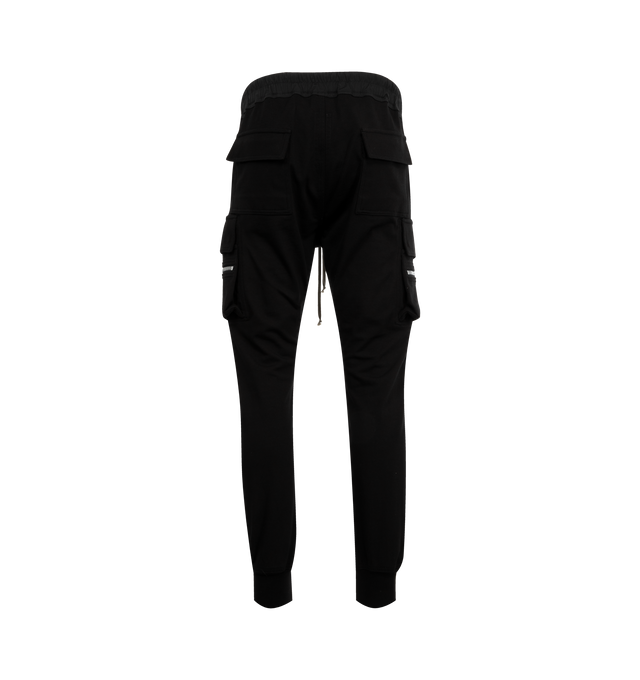 Image 2 of 3 - BLACK - RICK OWENS Mastadon Cargo Pants featuring slim-fit, stretch GOTS-certified organic cotton, drawstring at elasticized waistband, four-pocket styling, button fly, pen slots at front, elasticized cuffs and cargo and zip pocket at outseams. 97% cotton, 3% elastane. Made in Italy.