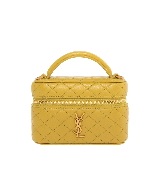 Image 1 of 3 - YELLOW - SAINT LAUREN Micro Gaby Vanity Bag sized to fit small items such as AirPods, keys, lipstick, and cards. Decorated with the CASSANDRE and diamond-quilted overstitching. Crafted from Lambskin and fully lined in leather, featuring a detachable chain strap for multiple carry options, bronze-toned hardware, zip closure, one card slot. Measures 4.7" x 3.1" x 1.6" with 1.8" handle drop and 21.7" strap drop. Lambskin. Made in Italy