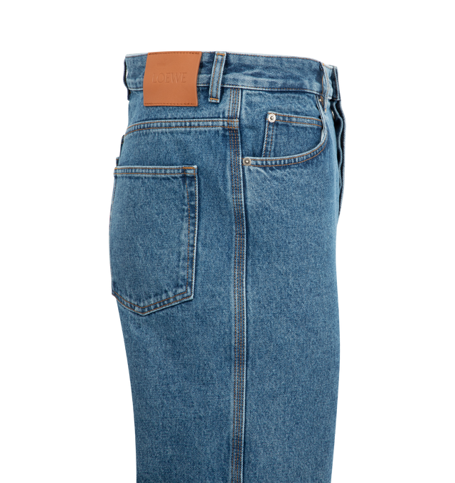 Image 3 of 3 - BLUE - LOEWE Anagram Baggy Jeans in medium-weight washed cotton denim featuring tonal Anagram cut-outs at the knees?, relaxed fit, regular length, mid waist, loose leg, concealed button fly?, five pocket style? and LOEWE embossed leather patch placed at the back. 100% cotton.