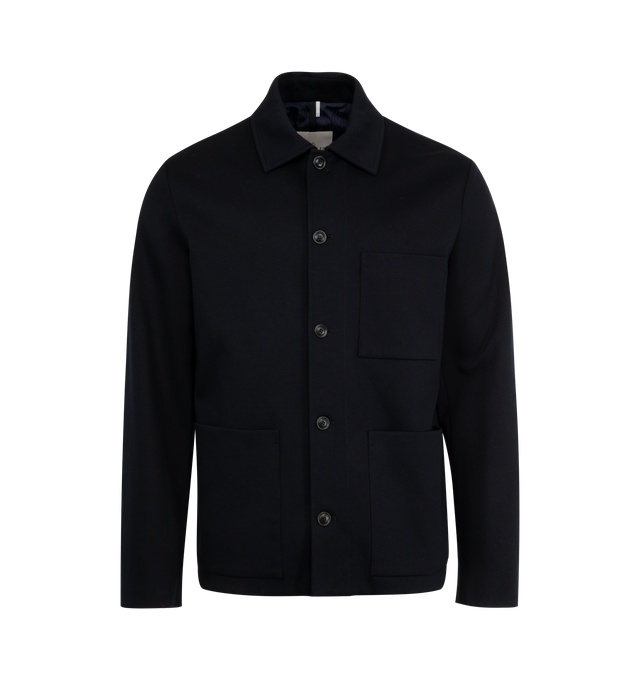 Image 1 of 3 - NAVY - MONCLER Cabalian Shirt Jacket featuring button closure, patch pockets, collar and logo patch.