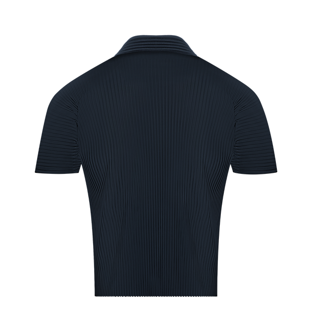 Image 2 of 2 - NAVY - ISSEY MIYAKE Basics Polo Shirt featuring garment-pleated polyester tricot polo, open spread collar and dolman sleeves. 100% polyester. Made in Philippines.