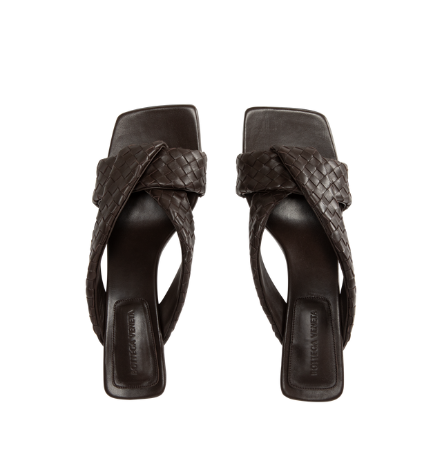 Image 4 of 4 - BLACK - BOTTEGA VENETA Riva Mule featuring kitten heel mule sandal in woven lambskin with padded tubular straps, twisted design and rubber-injected leather outsole. Heel: 2". Lambskin. Made in Italy.