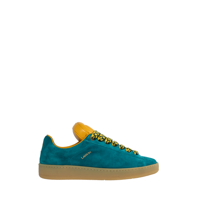 Image 1 of 5 - BLUE - LANVIN LAB X FUTURE Hyper Curb Sneakers featuring padded tongue, round toe, herringbone motif laces and Lanvin logo in metal on the outside of the sneaker.  76% calf - bos taurus, 24% polyester. Lining: 100% calf - bos taurus. Sole: 100% rubber. Made in Italy. 