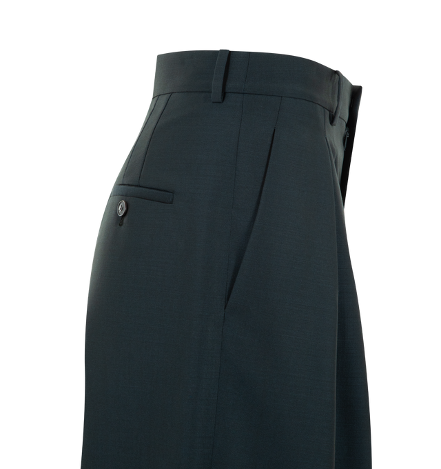 Image 3 of 3 - BLUE - SAINT LAURENT Wide-Leg Pants in wool and mohair featuring mid-rise, tailored fit, a wide leg with double pleat, center crease, certified wool and certified mohair, cotton and elastane lining, concealed front button, hook, and zip closure, two slash pockets at the front two jetted pockets at the back and waistband with belt loops. 75% wool, 25% mohair. Made in Italy.