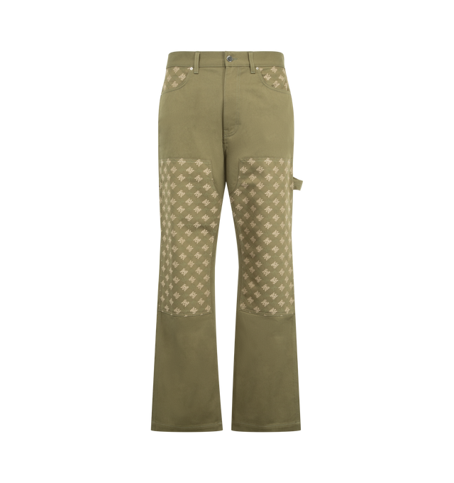 Image 1 of 3 - GREEN - Amiri Mens MA Quad Cotton Carpenter Jeans are crafted from cotton jacquard denim. Features custom-woven MA Quad monogram, classic five-pocket construction, contrasting front patch panels, carpenter hammer loop, and zip-fly with button closure. Main Material: 100% Cotton. Made in Italy.