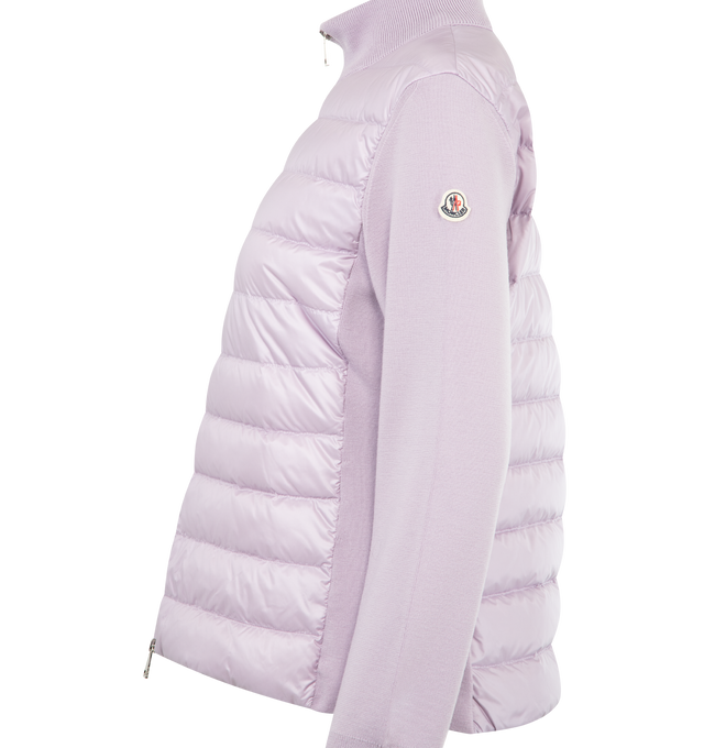 Image 3 of 3 - PURPLE - MONCLER Padded Wool Cardigan featuring padded bodice finished with knit collar and sleeves, stand collar, long sleeves, embroidered logo patch at left sleeve, classic fit , hem sits at the hip and two-way zip-front. Nylon/polyamide/virgin wool. Fill: Down/feather.