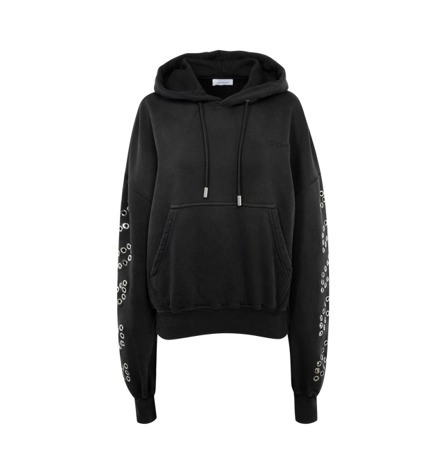 Image 1 of 2 - BLACK - OFF-WHITE EYELET DIAGS OVER HOODIE featuring long sleeves, drawstring hood, eyelet metallic diagonals at slevees and kangaroo central pocket. 100% cotton. 