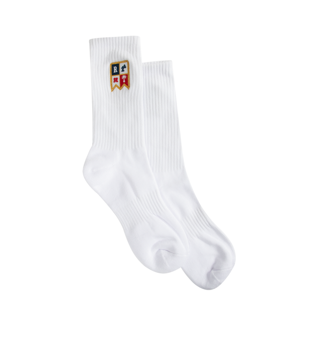 Image 1 of 2 - WHITE - RHUDE Harbor Crest Sock featuring Rhude logo and ribbed knit. 80% cotton, 12% polyester, 8% spandex.