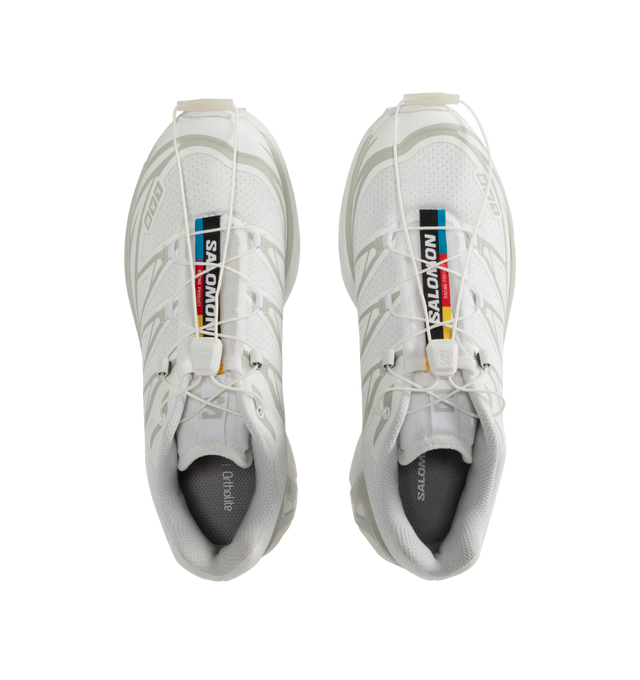 Image 5 of 5 - WHITE - Salomon XT-6 Sportstyle Sneakers are a lace-up style with an Agile Chassis System, abrasion-resistant TPU materials, single-layer mesh, SensiFit systems, protective toecaps, lace pockets for the Quicklace lacing system, molded OrthoLite sock liners, and rubber outsoles.