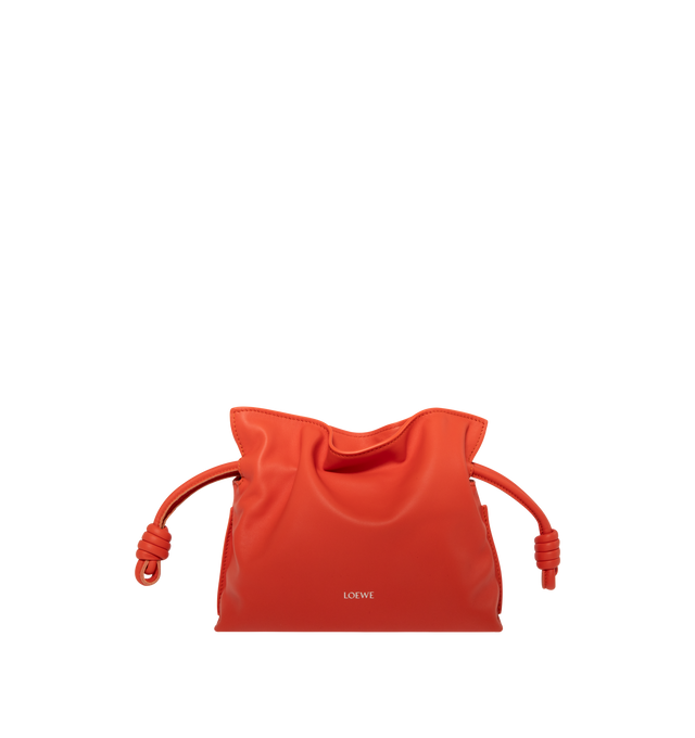 Image 1 of 3 - ORANGE - LOEWE Mini Flamenco Clutch in nappa calfskin featuring a soft and slouchy bag with a cinched closure and historical knot drawstrings, shoulder, crossbody or hand carry, detachable and adjustable strap, discreet magnetic closure, suede lining and embossed Anagram. Nappa calf. 18 cm x 23.9 cm x 9 cm. Made in Spain.