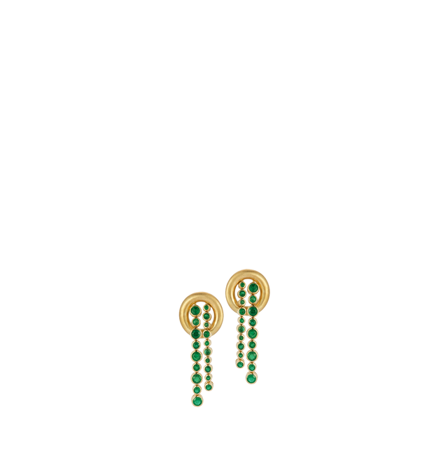 Image 1 of 2 - GOLD - Renna Women's Storm Earrings Large are crafted in 18K gold and feature cascading strands of vibrant emeralds suspended from a sculptural silhouette inspired by the stillness at the center of a storm. These designer fine jewelry earrings combine exceptional craftsmanship with graceful movement, creating an elegant statement for special occasions. Main Material: 18K Gold. Gemstones: Approximately 1.55 TCW Emeralds. Drop Length: 34mm. Push Back Closure.For personal consultation and detail