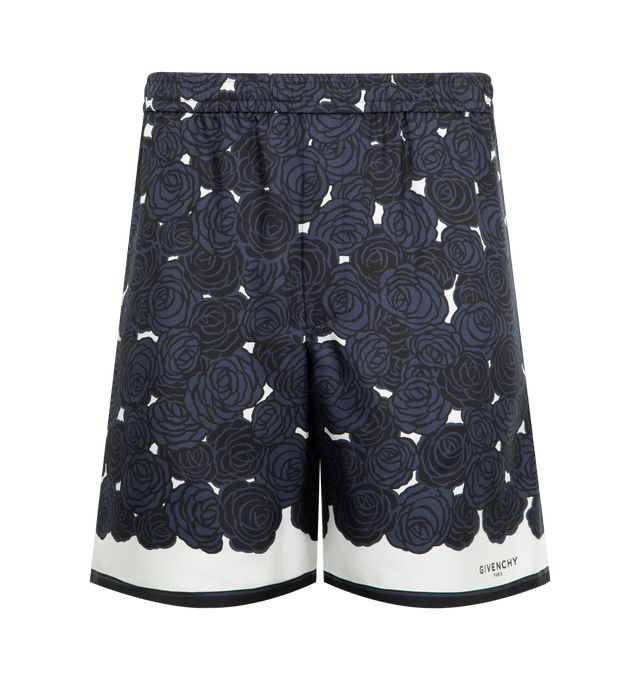 Image 1 of 3 - NAVY - GIVENCHY Elasticated Belt Short featuring elastic waist, print throughout, concealed drawstring and side pockets. 100% silk. Made in Italy.