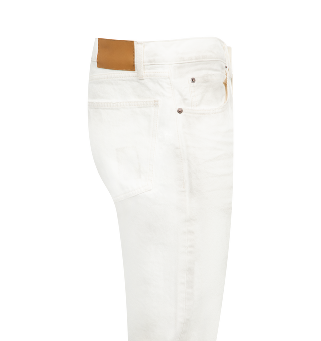 Image 3 of 3 - WHITE - SEEKINGS Signature Slim Denim featuring 3D whisker creasing, 5 pocket styling, button fly, high rise, slim leg, leather patch on back of waistband and engraved hardware. 100% cotton.