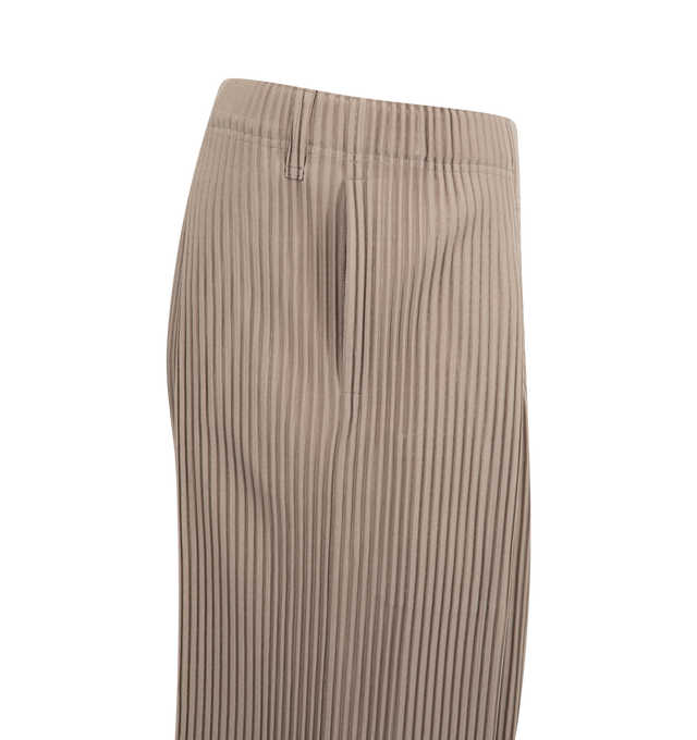Image 3 of 3 - BROWN - ISSEY MIYAKE Tailored Pleats Pants featuring elastic waist, belt loops, tapered leg, side pockets and pleated throughout. 100% polyester.