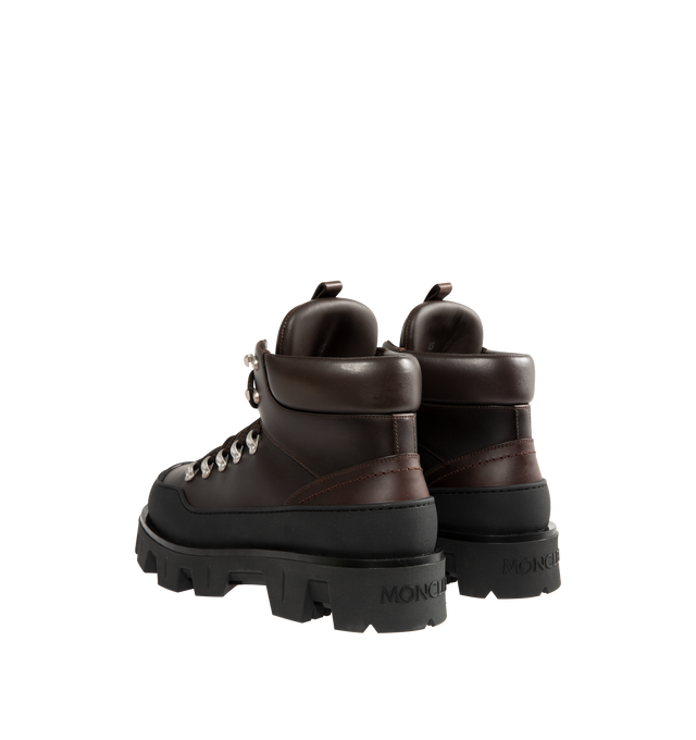 Image 3 of 4 - BROWN - MONCLER Peak Trek Leather Ankle Boots featuring leather upper, leather insole, lace-up closure and rubberized TPU sole with EVA filler. Calf length 13cm. Sole height 5cm.