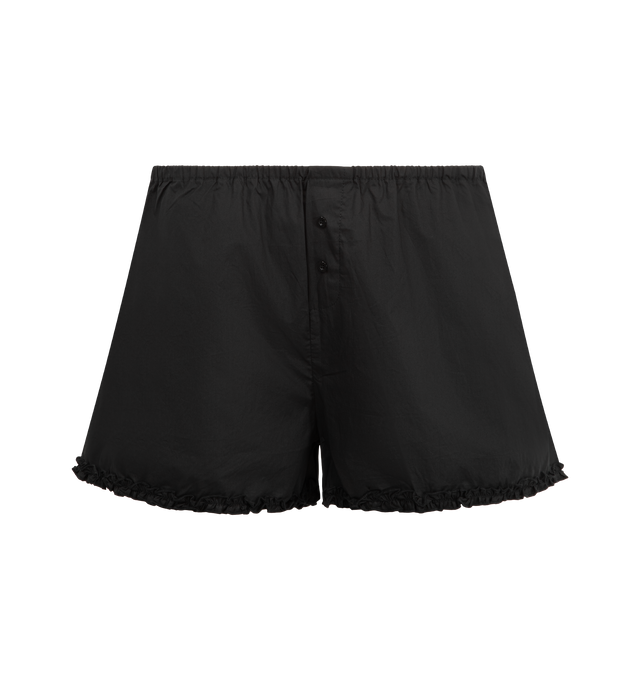 Image 4 of 6 - BLACK - DEIJI STUDIOS Yoke Set featuring relaxed babydoll top, straight neckline with button closure, gathered yoke seam, lettuce frill hem detail and fine, adjustable straps pairs back with an easy pull on short featuring double button detailing, elastic waistband and baby lock lettuce frill hem. 100% organic cotton poplin.